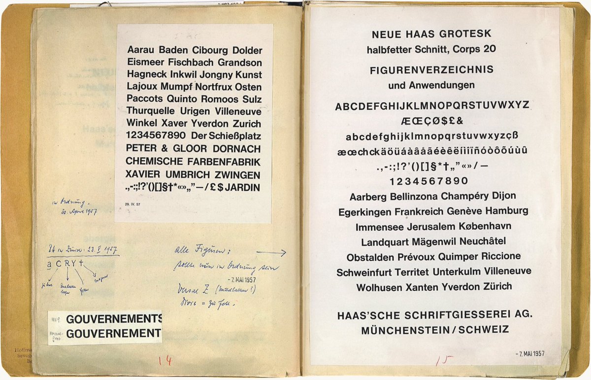 Original 1957 Helvetica specimen and notes by Max Miedinger