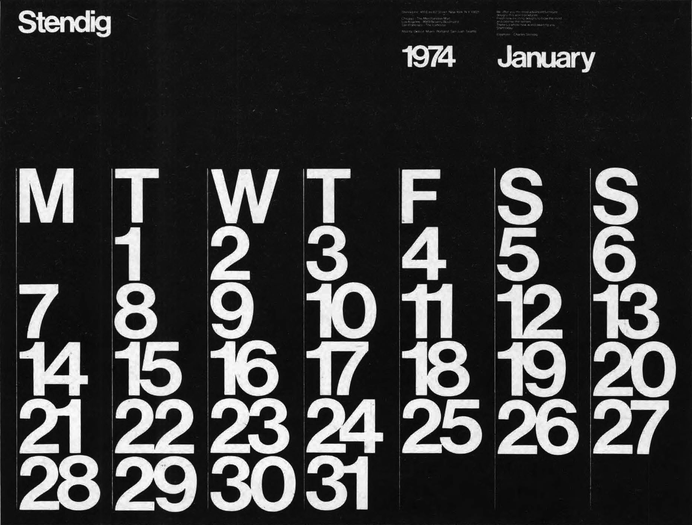 black and white calendar for january 1974 in heavy white helvetica