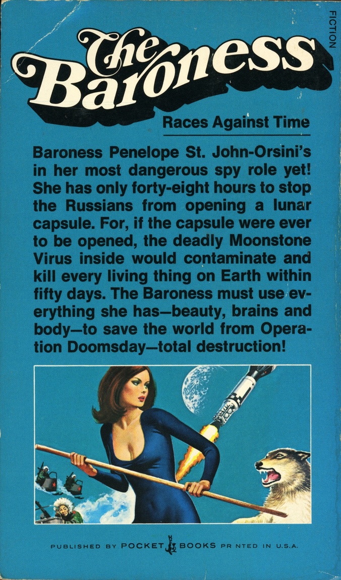 turquoise back cover with a black helvetica synopsis and a portion of the cover illustration of the baroness