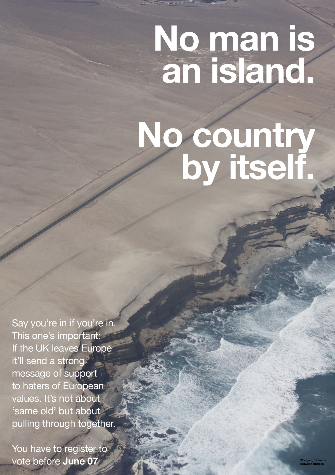 white helvetica slogans and text superimposed over an aerial photo of the english coastline