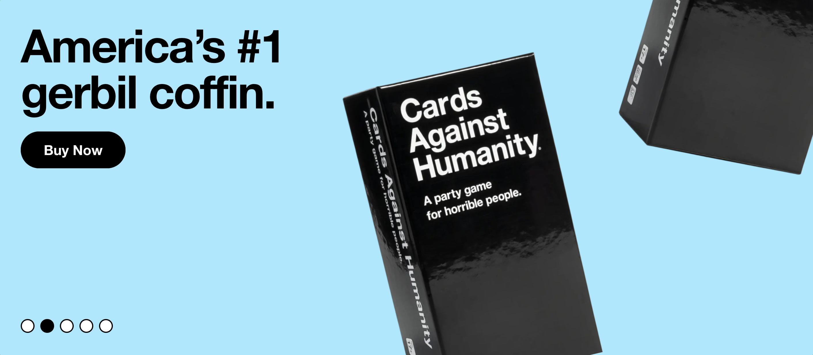 photo from the cards against humanity website featuring the white on black box and a helvetica caption that reads 'America's #1 gerbil coffin