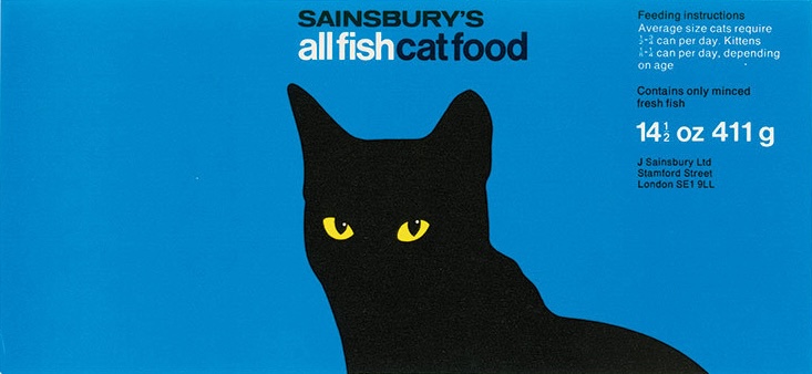 blue can label with an illustration of a cat's head and black and white text set in helvetica