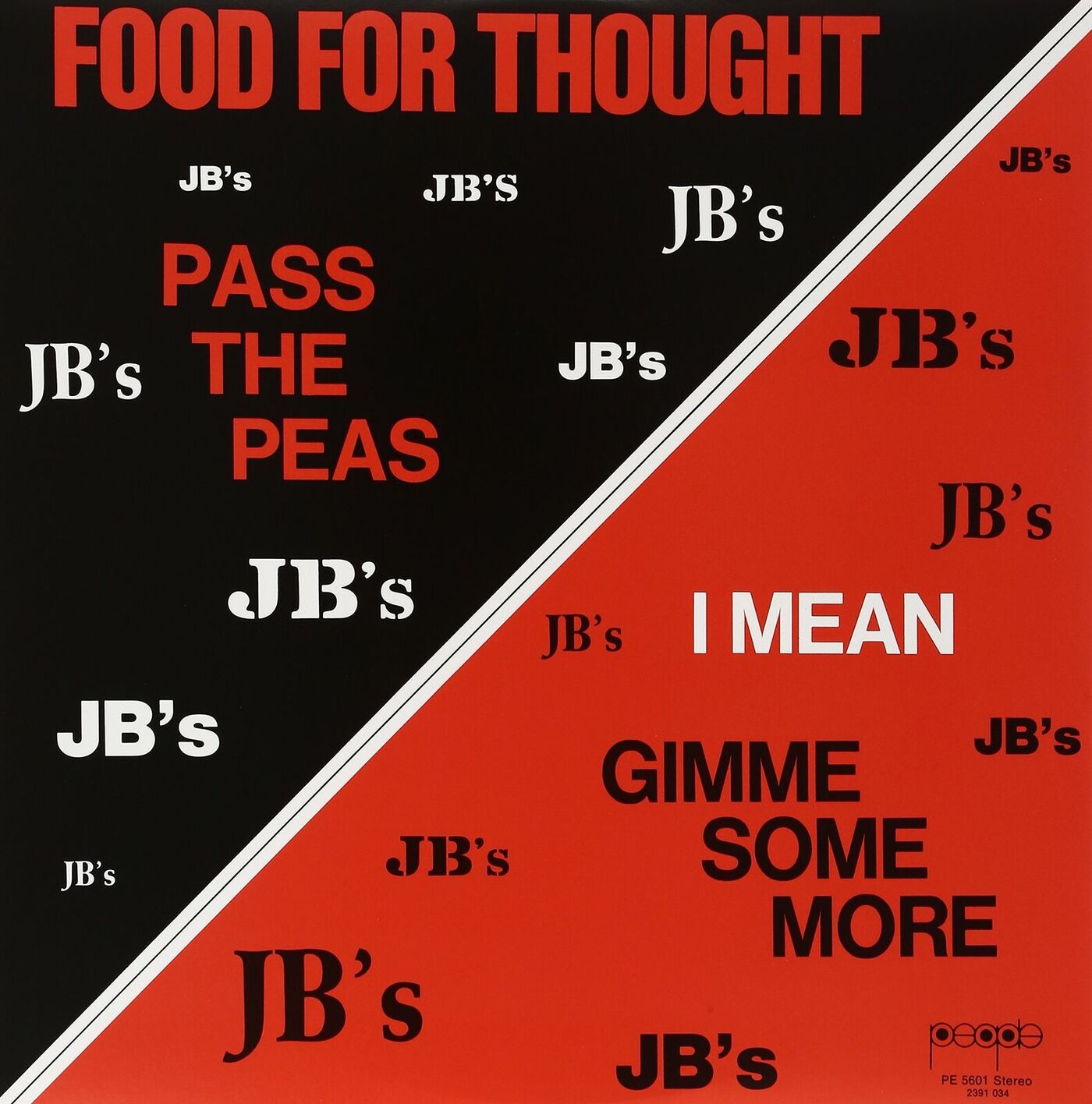 Red, black, and white album cover with the band name and various Helvetica phrases scattered throughout