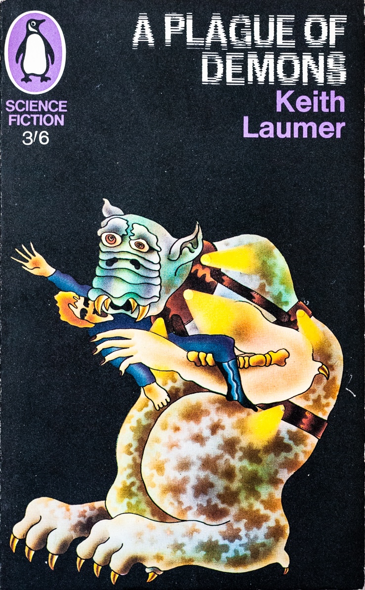 stylized illustrated book cover of a monster eating a man over a black background with lilac helvetica and white title text