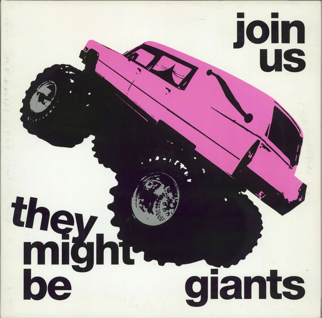 white album cover with a print of a pink hearse monster truck driving over black helvetica text spelling out the artist name with the album name above