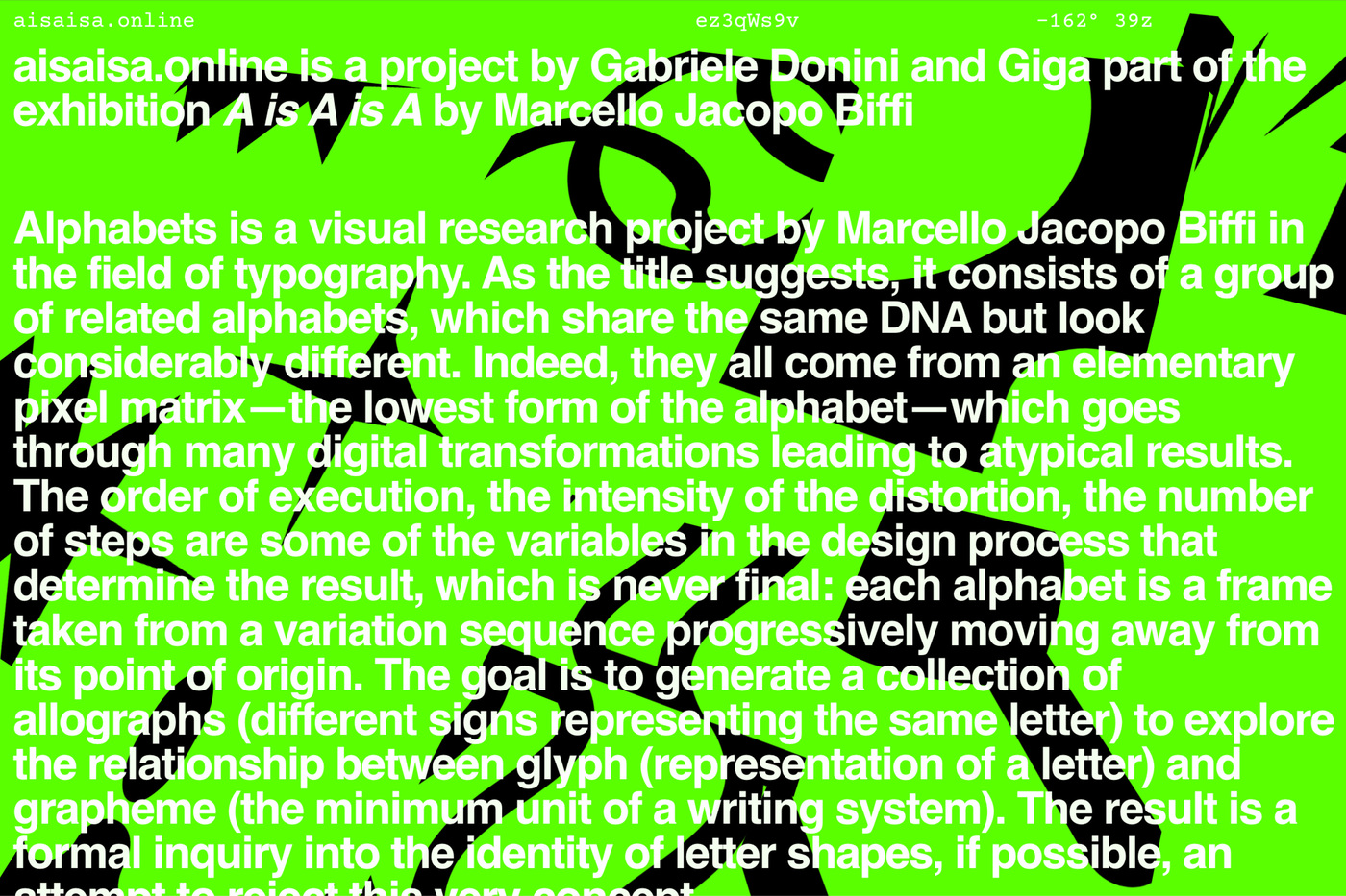 neon green background with various abstract black forms superimposed with white Helvetica text blocks describing the aisaisa project