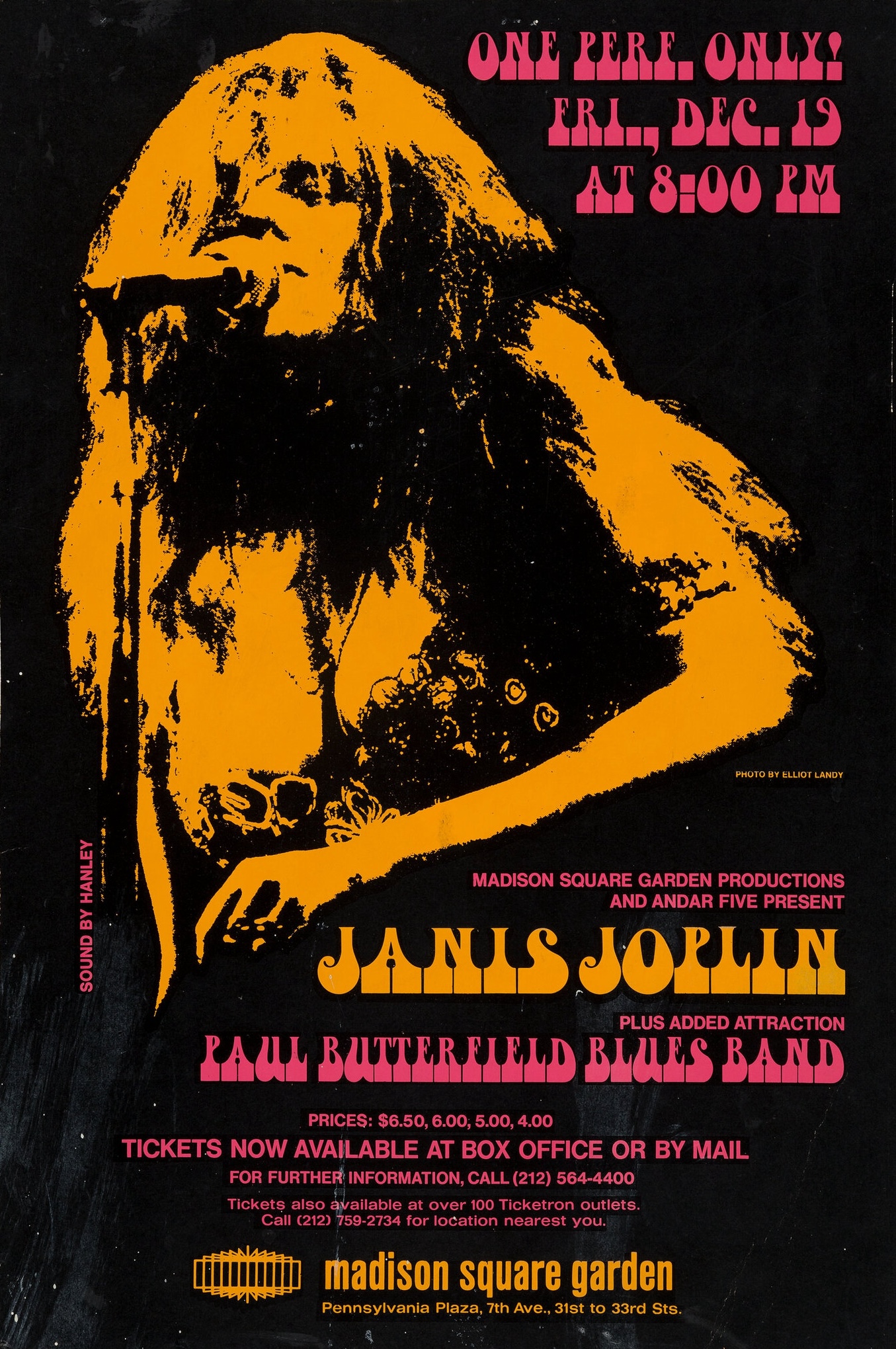 black, orange, and pink print of janis joplin performing with bold text surrounding her, some of which is in Helvetica