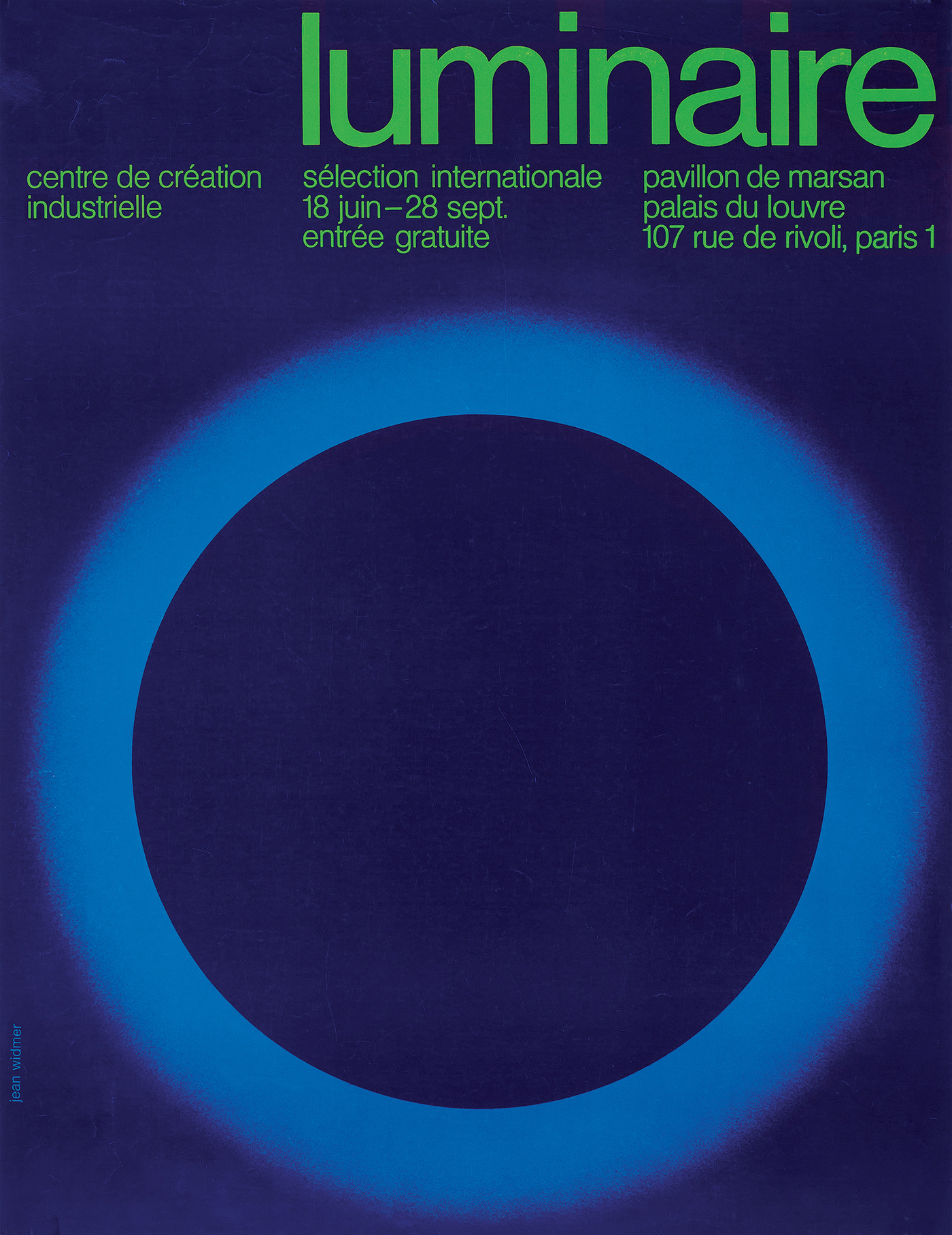 blue and green poster of an eclipse-like illustration in the bottom center with green helvetica text above