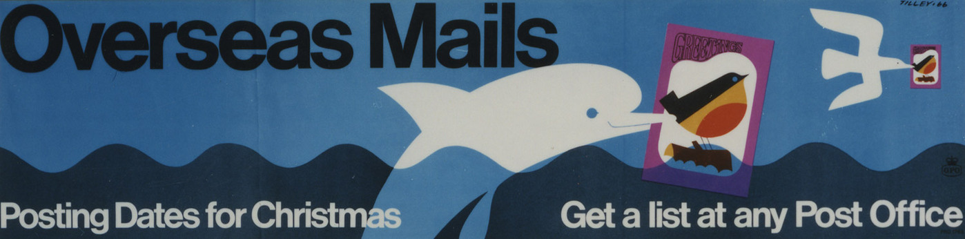 wide illustration of a white dolphin in the ocean and a seagull carrying letters in their mouths with text in bold Helvetica