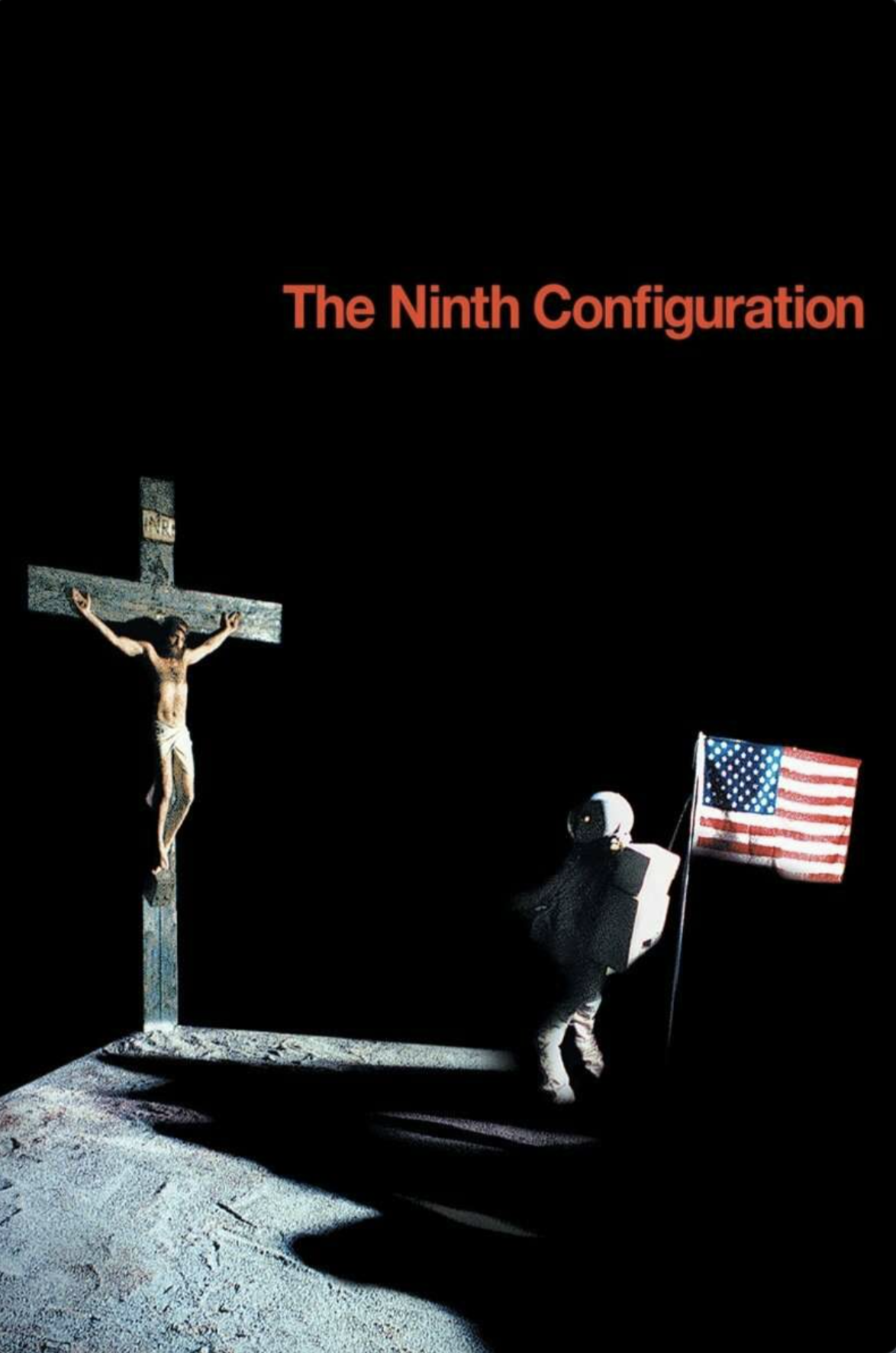 film poster depicting an astronaut on the moon looking at christ on the cross with the title set in orange helvetica