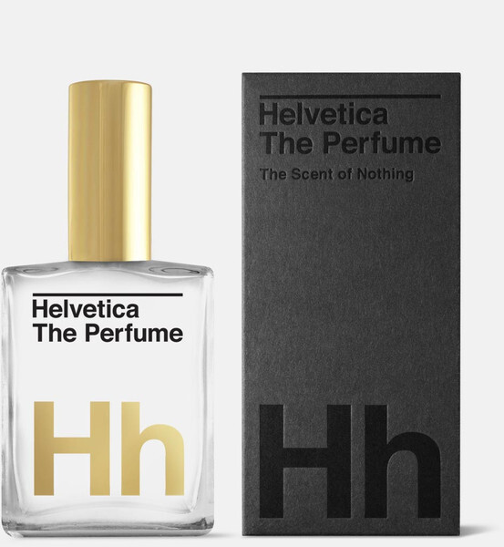 glass and gold bottle of helvetica perfume next to its grey and black box printed with 'Helvetica The Perfume, The Scent of Nothing'