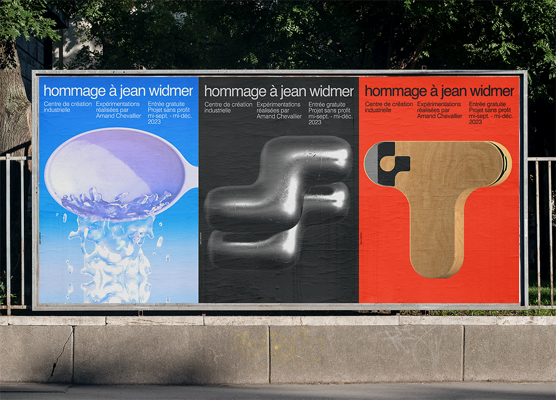 street installation of three posters side by side- one blue, one grey, and one red- each containing digital material concepts with text in Helvetica light