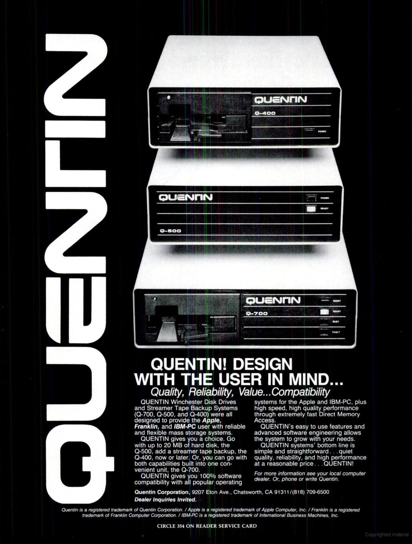 black and white ad depicting the three Quentin devices and Helvetica text below