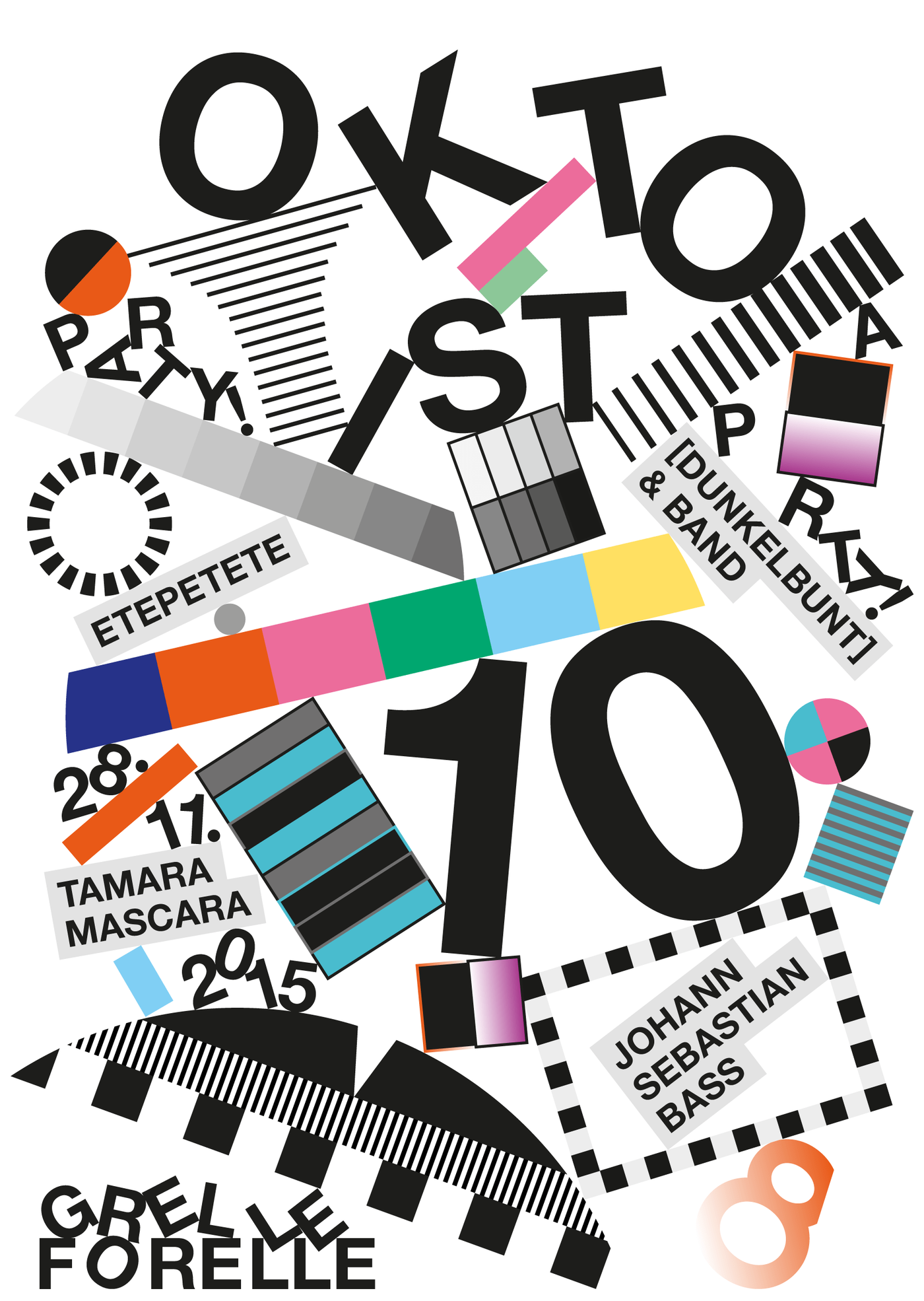 constructivist-style graphic with various black helvetica letters, numbers, and words interspersed with abstract colored elements