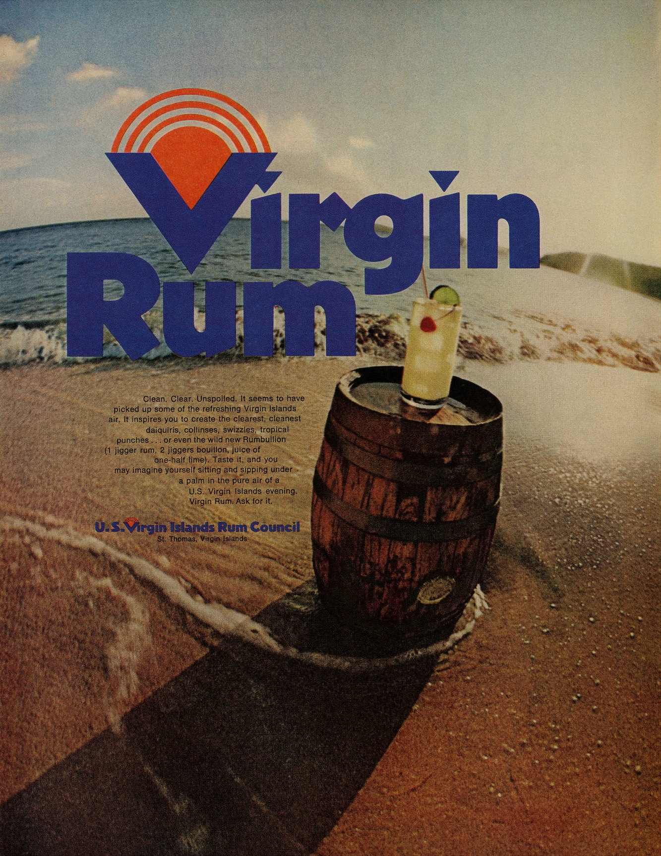 photo of a barrel of rum on a beach with a cocktail sitting on top of it with bold 'virgin rum' text beside it, helvetica small print below