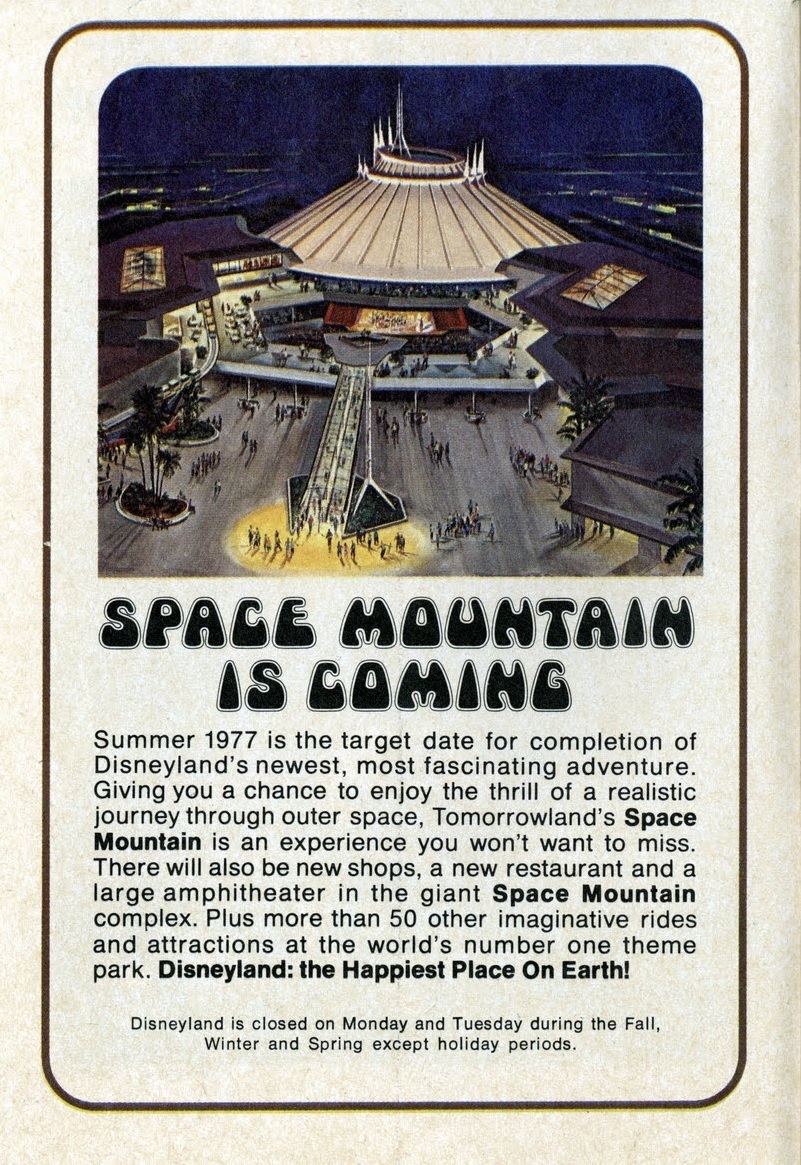 aerial nighttime illustration of the space mountain concept with small Helvetica text below describing the future attraction and its expected unveiling