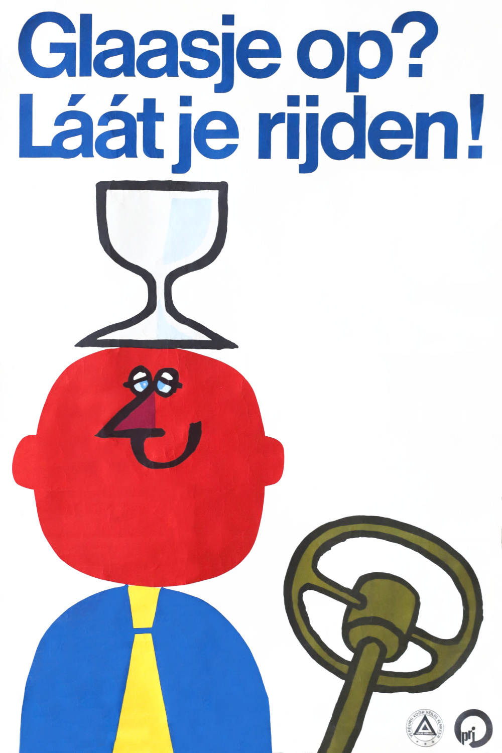 swiss-style illustration of a man with a wine glass on his head next to a steering wheel with bold blue helvetica text above